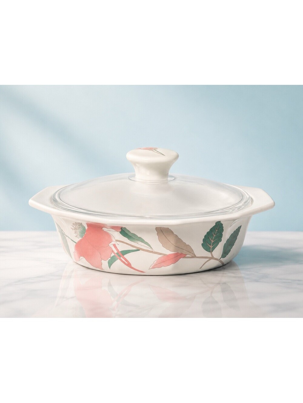 Mikasa Japan 1980s Covered Casserole Fire & Ice AA009 Silk Flowers Pink, 8x4”